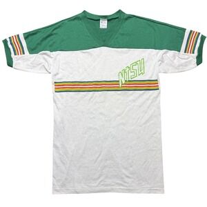 Vintage 80s Champion NTSU V Neck TShirt Green White Rainbow Stripes
